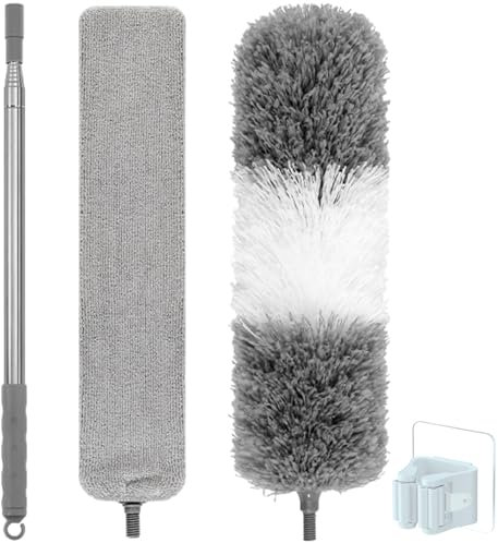 HKaizen Plumero Telescópico Extensible 82-150 cm | Mopa Plana Microfibra Lavable | Limpia Radiadores de Calefacción y Zonas Difíciles | Mango Acero Inoxidable + Colgador Adhesivo