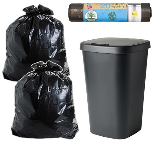 50L Capacity Black Trash Bags, Trash Can Liners for Toter, Can Liners, 50” X 30” Garbage Bags, Heavy Duty Refuse Sacks, 20 Count Garbage Bags, Eco Bags, Food Waste or Organic Waste Collection Bags
