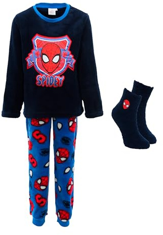 Marvel Spiderman Pijamas para Niño, Camiseta y Pantalon Largo Terciopelo, Pijama 2 Piezas Polar y Calcetines Antideslizantes, Regalo para Niños, Tallas 3 a 8 Años (FR/ES, Edad, 4 años, Regular, Azul)