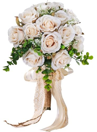 Bouquet da sposa grandi per sposa, fiori artificiali in seta per matrimoni, 14 rose bianche champagne, fiori finti da 25,4 cm, per feste di nozze, cerimonie, anniversari e decorazioni per la casa
