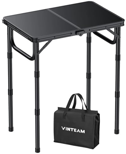 VINTEAM Table de Camping Pliante 3 Hauteur Réglable - Charge Max 30kg Surface MDF Facile à Nettoyer, Légère, Cadre en Aluminium Solide pour BBQ, Pique-Nique, Jardin, en Plein air (Noir, 58 * 40cm)