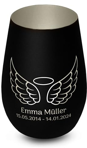 Elegantes personalisiertes Windlicht aus Glas in Schwarz-Silber Engel Flügel Gedenklicht für Verstorbene mit Gravur, Geschenk für Trauernde - Trauerlicht personalisiert mit Namen