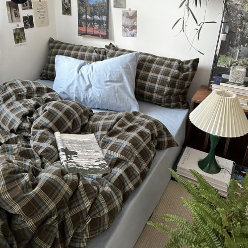 MKXI Queen Size Blue, Brown & Green Buffalo Plaid Duvet Cover Set - 3 Piece Vintage Aesthetic Bedding Set, 100% Washed Cotton, Minimalist Design, Soft & Breathable Duvet Cover with Zipper Closure