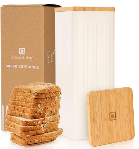 FRESHSLICE Bread Container, Bread Keeper with Airtight Bamboo Lid, 5 Liter | Metal Bread Box & Storage Bin for Kitchen Countertop, Keeps Homemade Bread & Loaves Fresh Longer, Modern Design