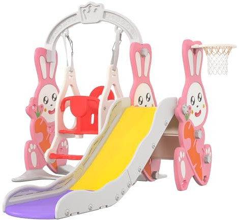 Toboggan 4 en 1 adapté aux enfants âgés de 1 à 3 ans pour l'intérieur et l'extérieur, avec balançoires, escalier facile à grimper, toboggan, adapté aux aires de jeux pour tout-petits. (rose)