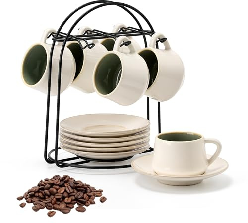 PORCER Juego de 6 tazas de café y platillo de cerámica de 130 ml con soporte de metal negro, capuchino apilable, tazas de espresso para bebidas de café especiales, latte, americano, té, divertidos