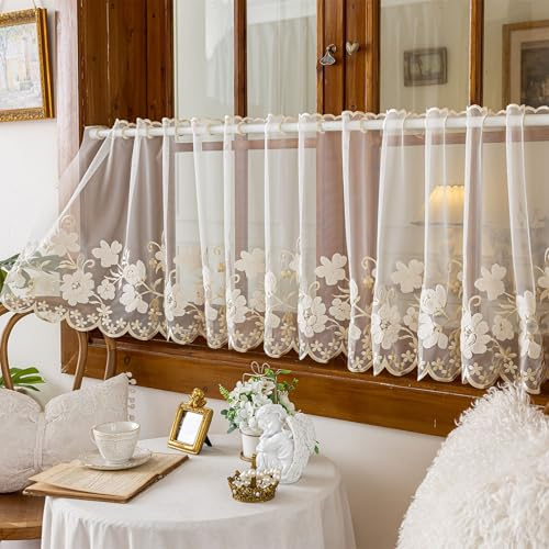 Vordesack Voile liebevoll Scheibengardine mit zarten Blumenstickerei Küchengardine mit Lochleiste transparente Gardine 1 Stück Beige HxB 45x74cm