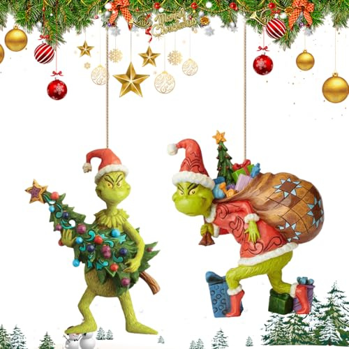 Grin-ch Weihnachtsschmuck, 2 Stück Neujahr Grin-ch Ornament, Grin-ch Deko Weihnachtsdekorationen Figur, Weihnachtsbaumschmuck Anhänger für Weihnachtsbaum Dekorationen