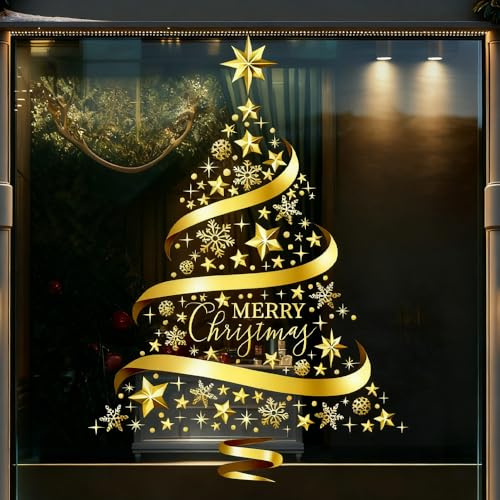Large Golden Christmas Decorations Tree Window Clings Stickers for Home, Cafe, Mall Glass Door, DIY Static Wall Window Door Mural Showcase Decal Sticker