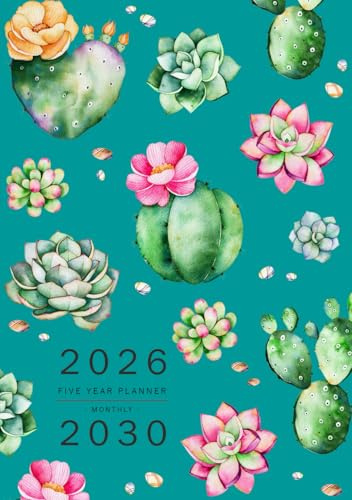 Five Year Planner 2026-2030: A5 Monthly Notebook Organizer Small | Cactus Succulent Plant Design Teal