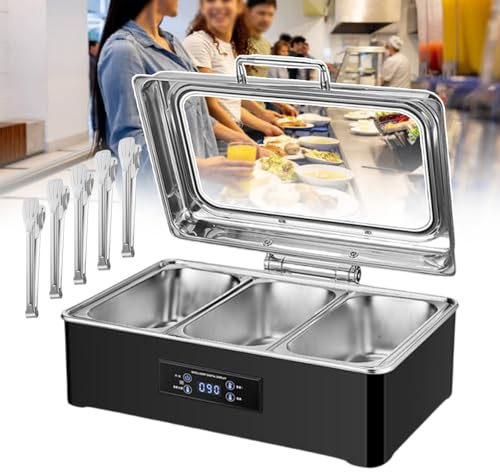 FBSHAD Electric Buffet Chafing Dish Warmer with 5 Food Clip, Stainless Steel Buffet Heater Large Capacity 13.5L Food Warming Pot with Digital Display Panel for Easy Monitoring - Black