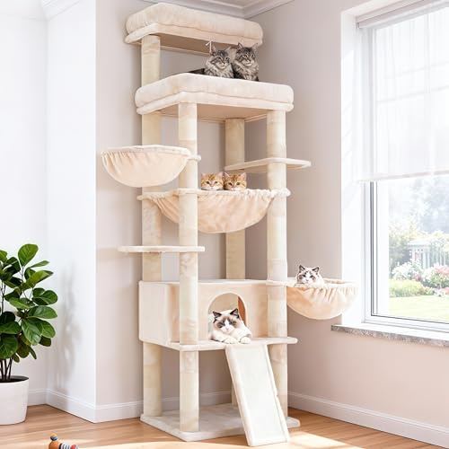 Hey-brother Kattträd, 182 cm Stor Lekplats för Katter med 2 Stora Vilande Plattformar ovanför, 3 Hängslen, Grotta, 2-i-1 Sisal-Klösbord, Plyschboll, Beige MPJ080M