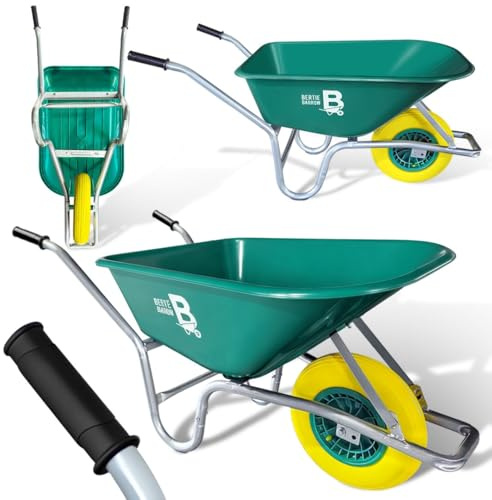 Bertie 110L Heavy Duty Puncture-Proof Tyre | Garden & Builders Wheelbarrow | Plastic Wheel barrow Solid Rubber tyre | Green| Durable Polypropylene Tub | Garden, Soil, Gravel, Mulch & Tools