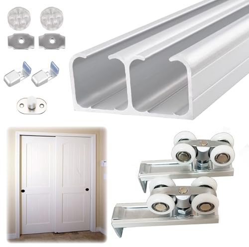 schiebetürbeschlag Bypass-Schiebe-Doppelschienen-Scheunentor-Hardware-Kit für zwei Türen, untere Schienenführung, robustes Kastenschienen-Schienen-Kit(Silver,60in/152.4cm)