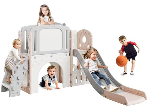 Aptliton 8-in-1 Toddler Slide Set with Climbing Ladder, Tunnel, Telescope and Basketball Hoop, Multi-Functional Indoor Outdoor Playground Climber, Children's Playground Toy for Kids, Pink