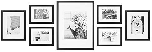 Gallery Perfect Multi-Size Picture Frame Set 7 Pack, Black Gallery Wall Frames with Hanging Hardware, Clear Glass - One 12x16, Two 8x10, Four 6x8 Matted Photo Frames for Wall Display