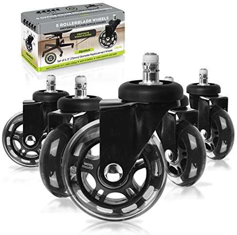 Slipstick CB690 Floor Protecting Office Chair Casters (Set of 5) Stem Castors with 76 mm Rubber Wheels - Clear Black/Black