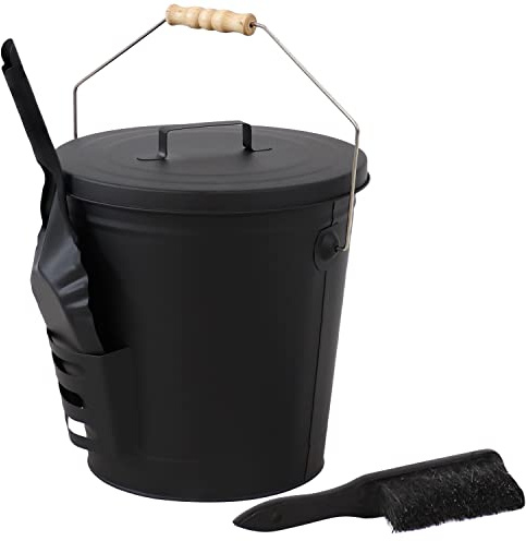 Sunnydaze 5‑Gallon Ash Bucket with Lid, Shovel & Brush – Metal Ash Can & Cleanup Accessories for Fireplace Hearth, Fire Pit, or Grill