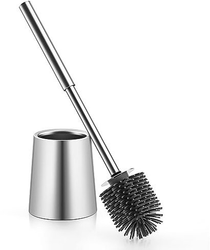 TOURRAMIT Scopino Bagno WC in Acciaio Inossidabile 304 - Spazzolone Bagno WC Resistente - Testina in Silicone Sostituibile, Pulizia Efficiente - Manico Spesso Ergonomico - Argento