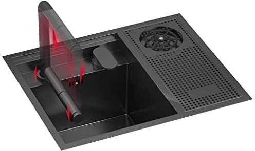 Lavelli da Cucina Lavello in Acciaio Inox Nero Lavandino A Scomparsa per Bar Lavello per Caravan con Coperchio, Lavabo A Tazza Piccolo Lavello da Cucina A Vasca Singola Lavello Incasso con Sifone