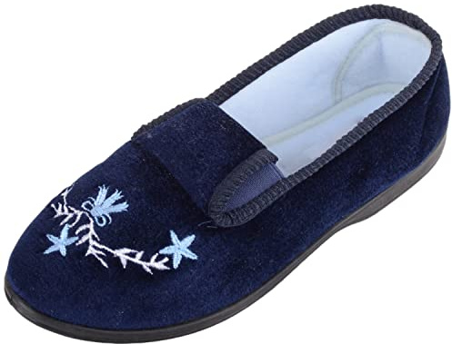 ABSOLUTE FOOTWEAR Womens Soft Velour Twin Gusset Slip On Wide Fit Winter Embroiderd Slippers - Navy - UK 7 / EU 40