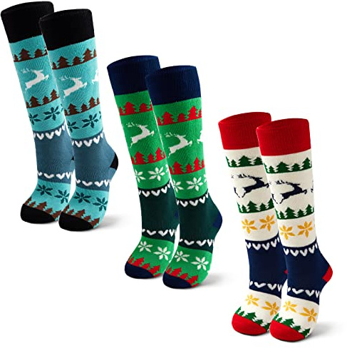 Qterdiz Unisex Kinder Weihnachten Warme Skisocken Jungen Dicke Skistrümpfe Mädchen Thermo Socken für Ski und Snowboard 3 Paar 27-30/8-10 Jahre