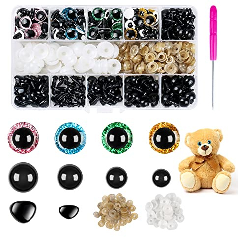 CoKeeSun 169 Stück Sicherheitsaugen und Sicherheitsnasen, Ø 6-12mm | Bunte Glitzer Knopfaugen für Häkeltiere, mit Unterlegscheiben, Kunststoff Puppenaugen für Puppe, Plüschtier, Teddyaugen
