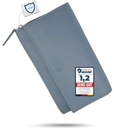 Baur Damen Geldbörse Echt Leder Geldtasche | Geldbeutel mit RFID Schutz |großes Portemonnaie viele Kartenfächer |Wallet mit Druckknopf |Portmonee |Damen-Geldbörsen |Damengeldbörsen (Tauben-Blau)
