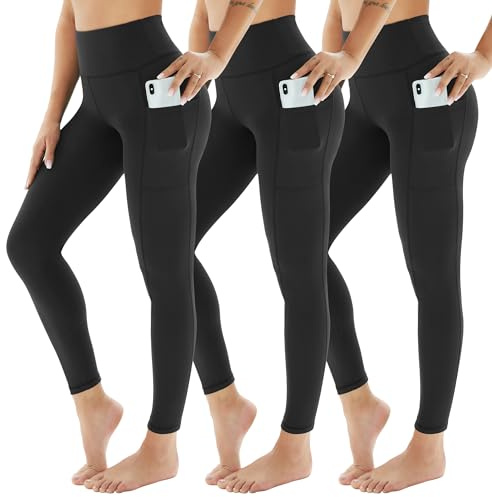 AMIYOYO Lot de 3 leggings de sport pour femmes avec poches, taille haute, opaques, pantalon de sport, gainant, leggings de sport, longs, extensibles, pantalon de yoga pour le gym, le fitness, 44-50