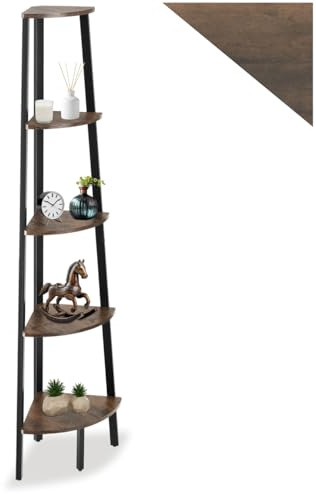 tectake® Eckregal stehend, Nischenregal mit 5 Ebenen, Wandregal Holz, Industrial Bücherregal, Eckschrank,34 x 34 x 158,5 cm, Leiterregal, Zimmer Deko - Industrial Dunkelbraun
