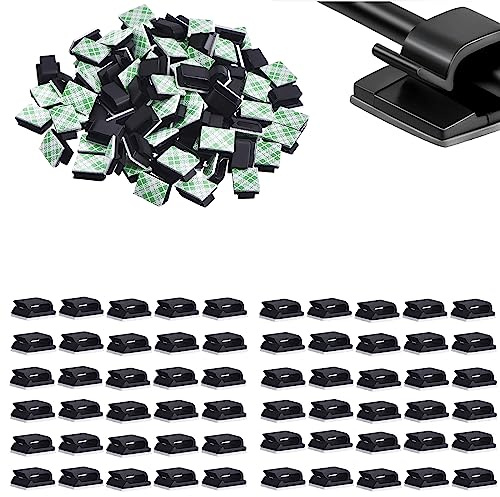 60Pcs Black Self Adhesive Cable Clips, Cable Tidy Clips Sticky Wire Tidy Hooks Cables Management, Outdoor Hooks for Lights Christmas Light Hooks for Wall, Desk Office and Home Car Wire Clip