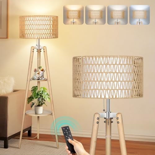 OUTON Lampadaire Trepied Bois Dimmable, Lampe sur Pied Soutien 4 Temperatures de Couleur et Fonction Memoire, Lampadaire Rotin Etagere avec Abat-Jour en Lin, pour Salon et Chambre a Coucher (Bois)