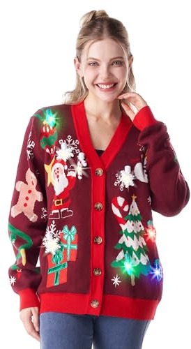 Giggling Getup Women's Ugly Sweater Cardigan, Christmas LED Light Up Rudolph Reindeer Knitted Cute Jumper, Built-in Light Bulbs-L Red