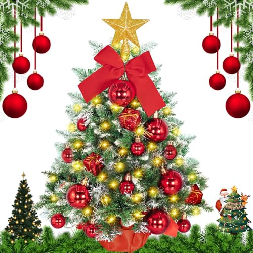 BBLTIFF Albero di Natale 58CM, Albero di Natale con 30 Luci, Albero di Natale Artificiale con Palline Rosse, Stelle, Fiocchi e Scatole Regalo, per La Casa, Tavolo da Pranzo, Decorazione di Natale