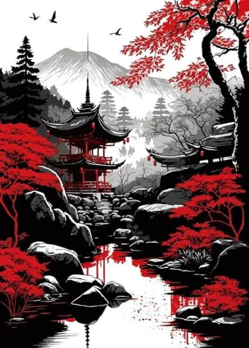 Leinwanddruck Japanische Naturlandschaft Posterdrucke Für Wohnzimmerdekor, Abstrakter Roter Baum Und Pavillon, Landschaft, Leinwandmalerei, Wandkunst, Geschenk, 21 X 30 Cm, Ohne Rahmen