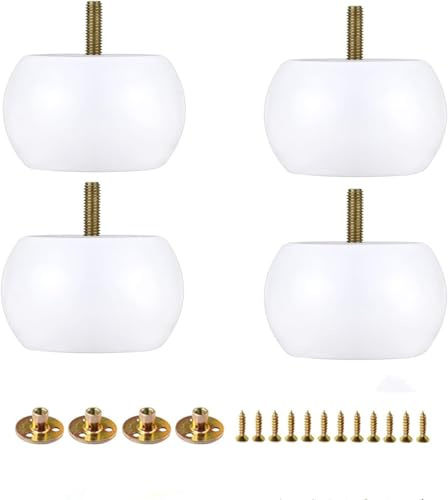 Xidouyuer Set of 4 White Solid Hardwood Round Bun Feet 2inches with M8 Bolt Predrilled for Furniture Ottoman Couch Cabinet Sofa Legs