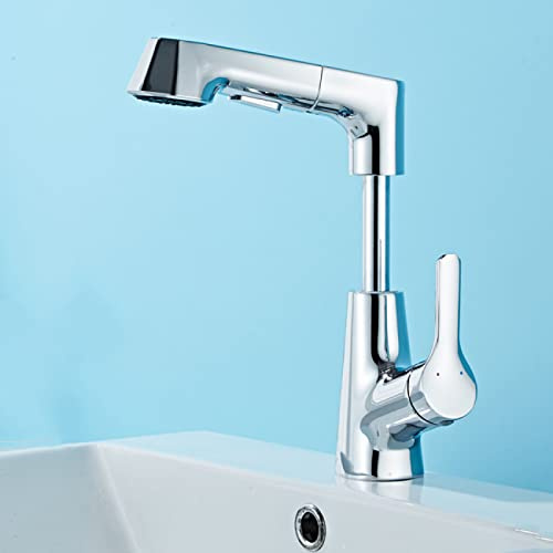 QDMLDOKCF Badezimmer-Wasserhahn mit herausziehbarer Brause, Waschbecken-Wasserhahn mit Doppelfunktion, 360° drehbarer Auslauf, Waschbecken-Wasserhahn for heißes und kaltes Wasser, Weiß(Chrome)