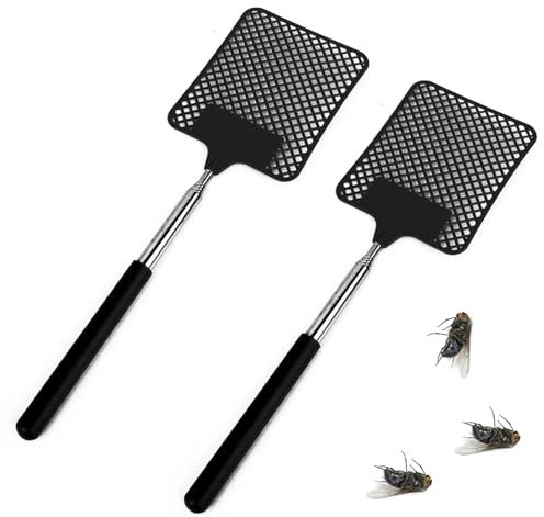 ShiWuYou Fliegenklatsche 2 Stück, Fliegenklatsche Ausziehbar, Fly Swatter, Manuelle Ausziehbare Fliegenfänger, Stabil Fliegenklatschen die für Fliegen, Mücken und Insekten, Schwarz
