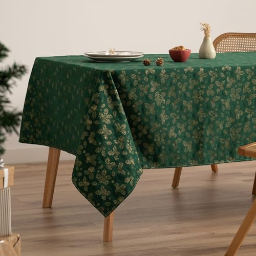 GAMUSI Tischdecke für Weihnachten, Jacquard, Goldgarn, Esstisch, rechteckig, Weihnachtsdekoration, 140 x 300 cm, Grün