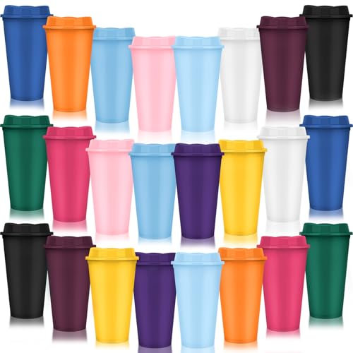 Kaxtde 24 Pack Reusable Coffee Cups with Lid, 480 ml to Go Tumblers Bulk, Plastic Travel Cups, Party Coffee Mugs for Hot and Cold Drinks (Colourful)