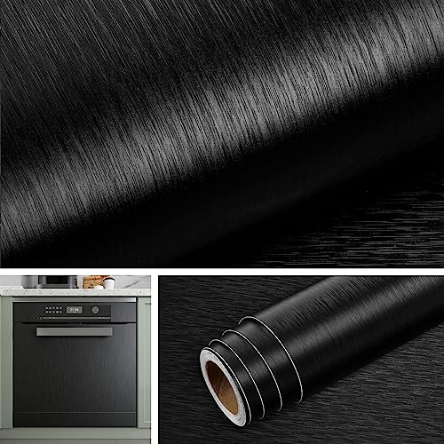 Livelynine Klebefolie Küche Schwarz Edelstahl Gebürstet 40CMx10M Metallfolie Selbstklebend Schwarz für Kühlschrank Geschirrspüler Folie Arbeitsplatte Küche Hitzebeständig Möbelfolie Selbstklebend