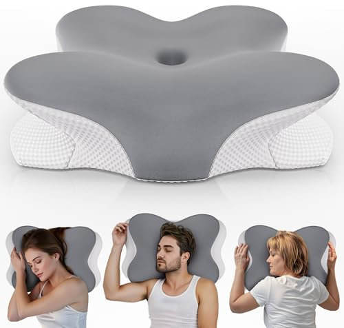 PinkFroggie Memory Foam Pillow,Ergonomic Side Sleeper Pillow, Neck Support Pillow for Pain Relief,Orthopedic Bed Pillow for Side Back Stomach Sleeper,Cervical pillow with Removable Pillowcase (Grey)