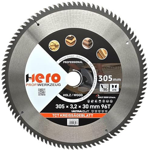 HERO Kreissägeblatt Hartmetall Sägeblatt TCT Ersatzsägeblatt Sägeblätter Kreissäge Holz/ALU Kreissägeblätter Tischkreissäge, Kappsäge (Für Holz/Holzwerkstoffe, Ø 305 x 30/20mm, 96T)