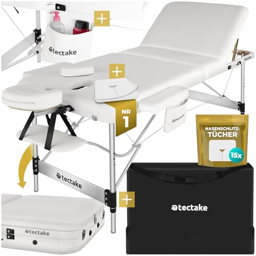 tectake® 3-zons hopfällbar och höjdjusterbar massagebänk, portabel och stabil behandlingsbänk med justerbart fotstöd, avtagbar huvudkudde, 15 engångsdukar perfekt för både proffs och hemmabruk - Vit