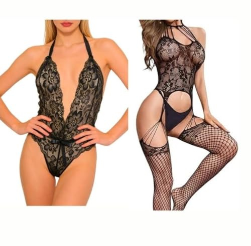 Sexiga Underkläder Spets Body Damer Hot Babydoll V-Ringad Nattplagg Pyjamas Transparent Set för Kvinnor Nattkläder Förförisk Bodystocking Babydoll Négligé Sexy (BODYSTOCKING 1 + BODY 1, En storlek)