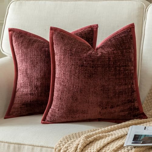 Yaertun 2er Set Kissenbezug Bordeauxrot 60x60cm Chenille Kissenbezüge Kissenhülle Dekokissenbezug sofakissen dekokissen deko Samtrückseite für Sofa Schlafzimmer Wohnzimmer Weiche Gemütliche
