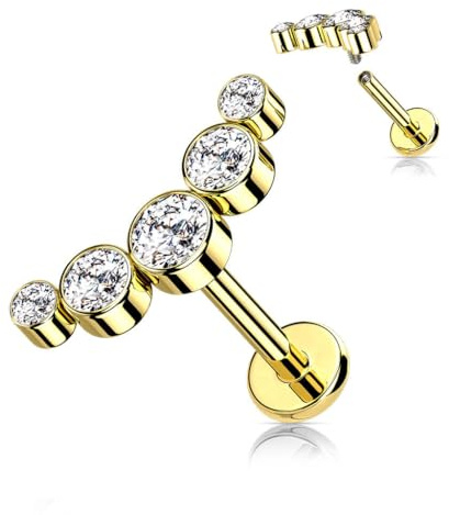 Stachelkleid Titan Labret Zargenfassung 5 Zirkonia Innengewinde Piercing Ohr-Stecker Helix Tragus Gold/Kristall, 6 mm