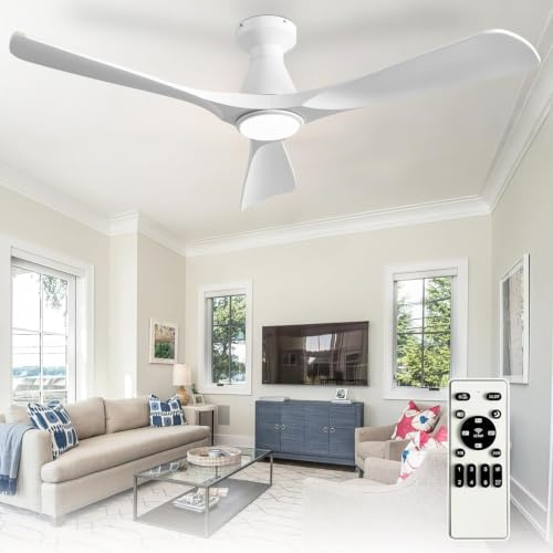 Depuley 52-Zoll-Deckenventilatoren mit Licht: Weiß 3 Flügel Flush Mount Low Deckenventilator für Schlafzimmer - Dimmbarer Innenventilator mit APP-Fernbedienung Ultraleiser DC-Motor Zeitschaltuhr