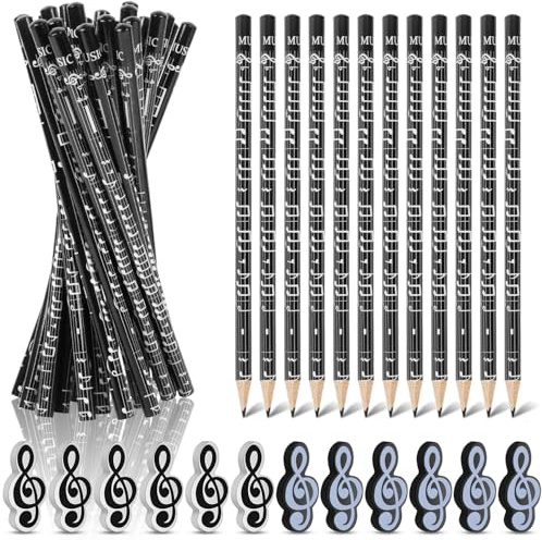 Dncvb 36 Stück Musiknoten Stifte Set,24 Bleistifte für Musiknoten + 12 Radiergummis Mit Musiksymbolen,Musikmotiven Bleistifte,Bleistift Musik Für Studenten Kinder Partygeschenke