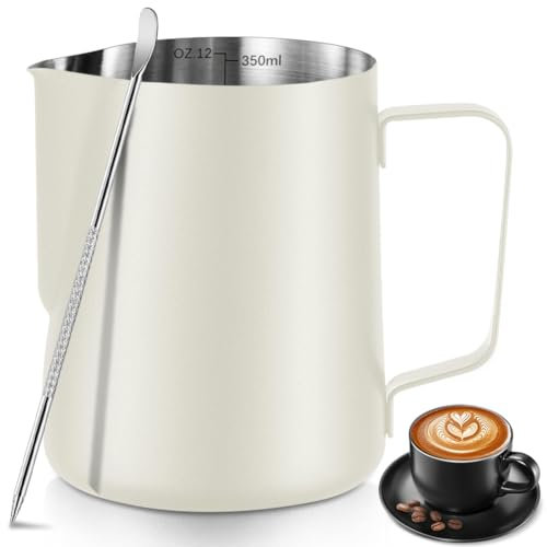 Frothing Milk Pitcher, 12 oz/350 ml Stainless Steel Frothing Milk Jug with Latte Art Pen,with Internal Measurements, for Cappuccino, Espresso and More（White）